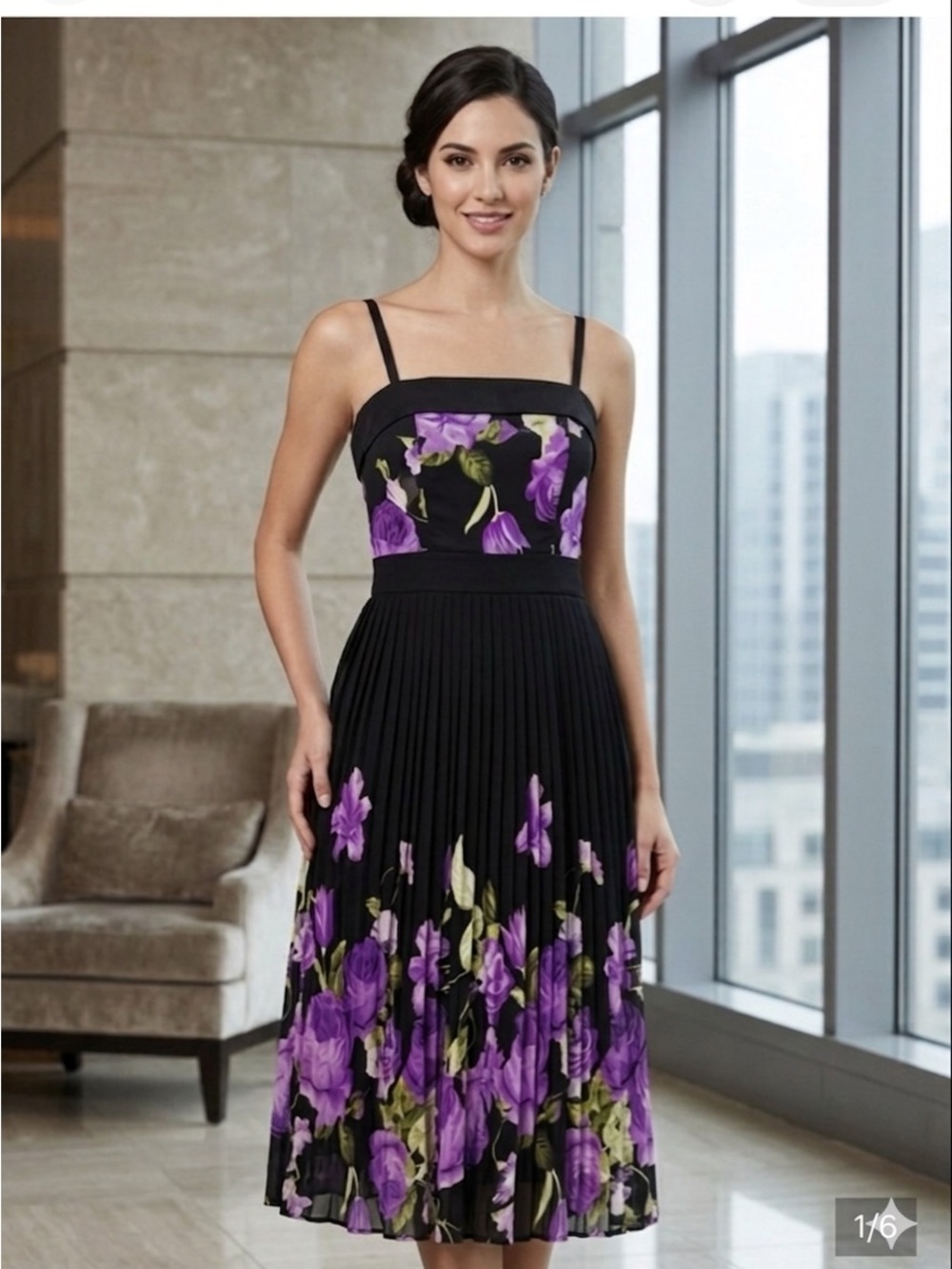 Black Floral Pleated Midi Dress with Purple Blooms